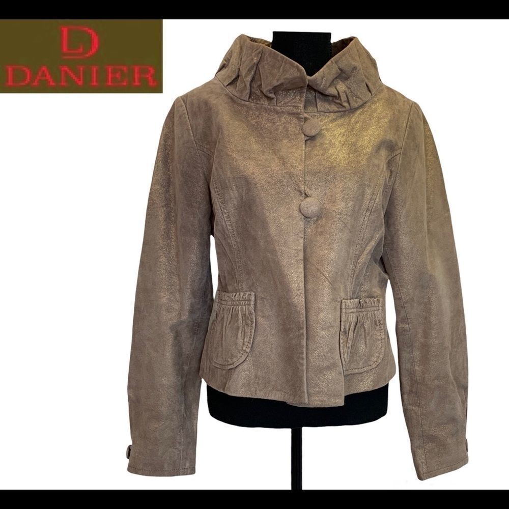 DANIER tan gold shimmer ruffled high neck leather jacket size medium